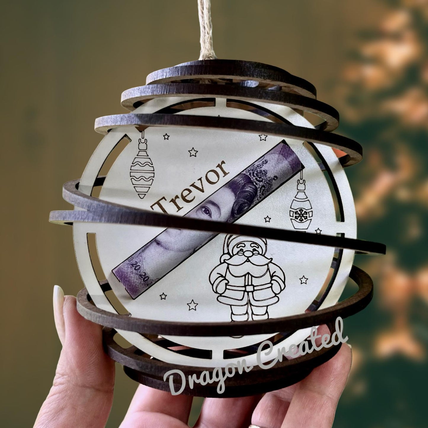 Personalised Father Christmas, Santa Money Holder - Tree Ornament, Wooden Swirl Bauble