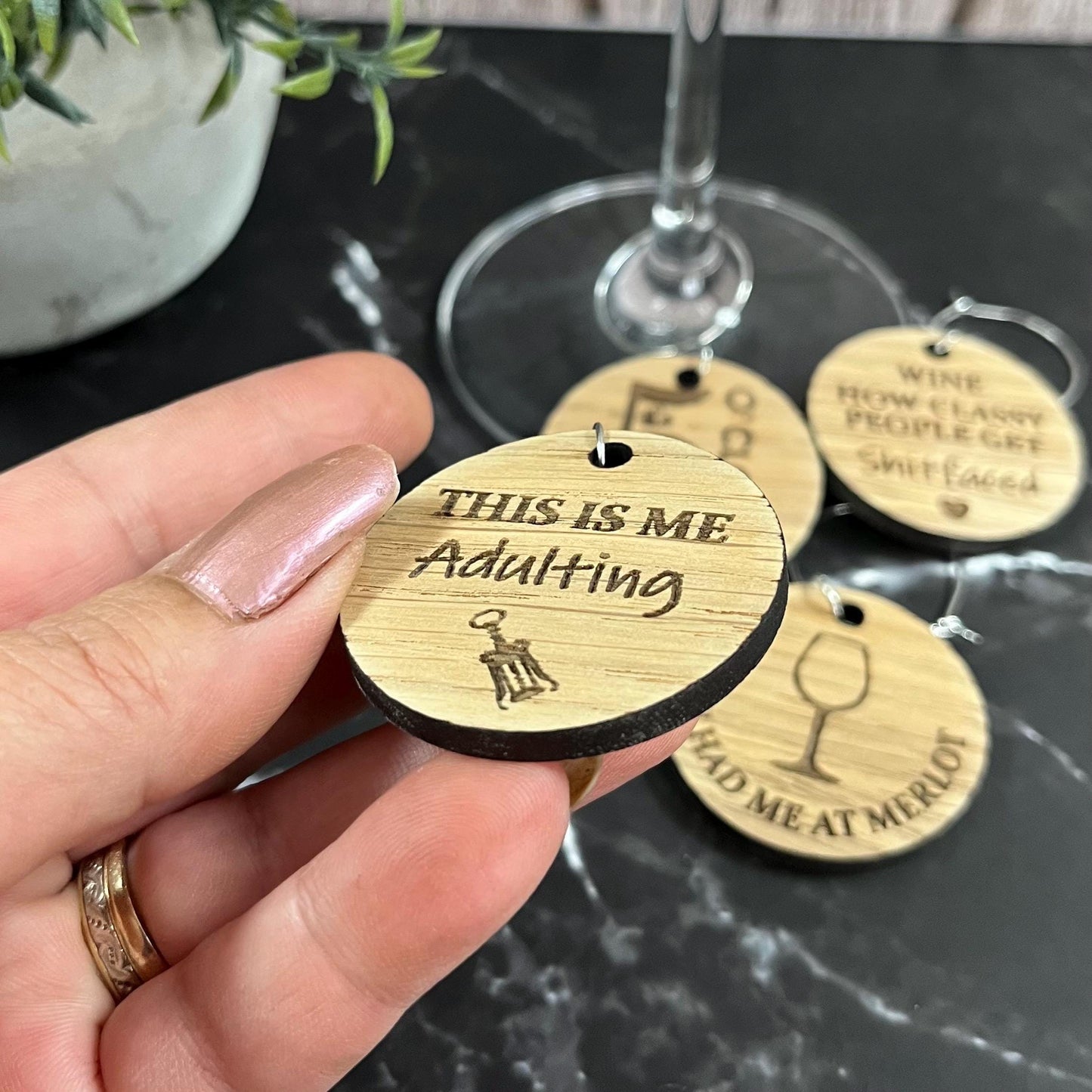 Funny Novelty Oak Wine Glass Charms: Personalised Girls Night Gift Set, Party Glass Tags