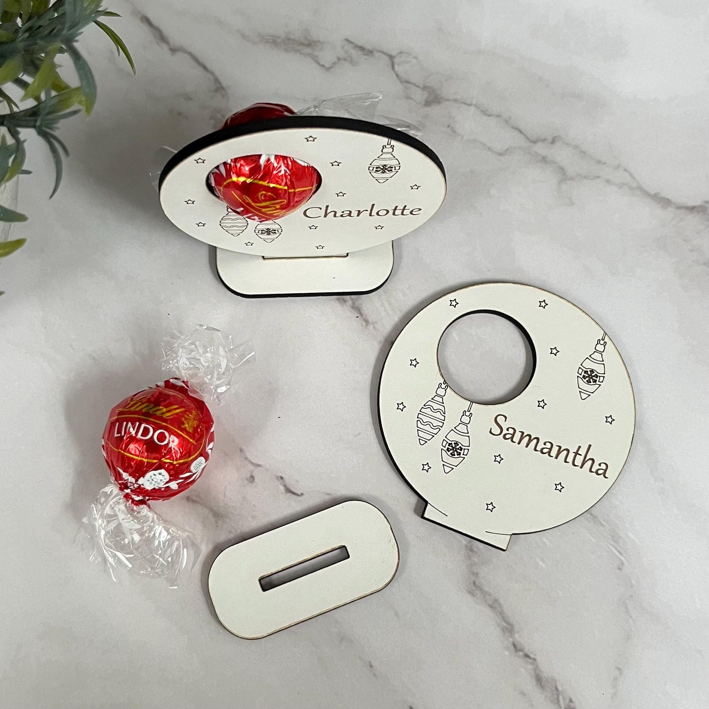 Personalised Christmas Table Place Settings, Chocolate Lindor Holder, Place Card: Laser Engraved Wooden Table Decoration