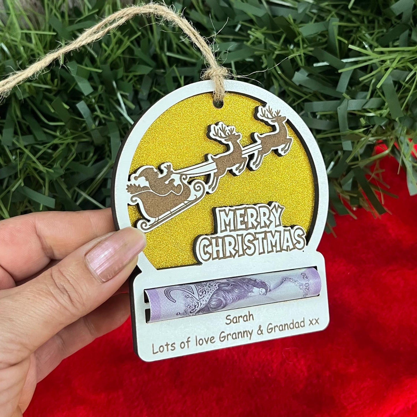 Personalised Reindeer Wooden Christmas Money Holder - Sparkly Xmas Ornament, Cash Envelope