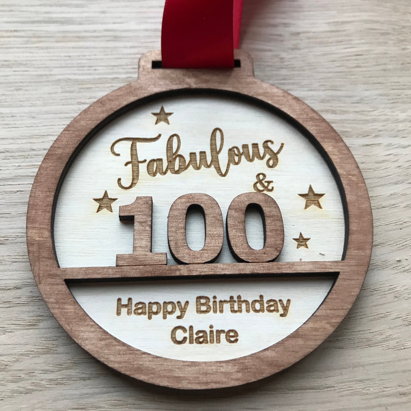 Personalised 100th Birthday Award Medal: Laser Engraved Wood
