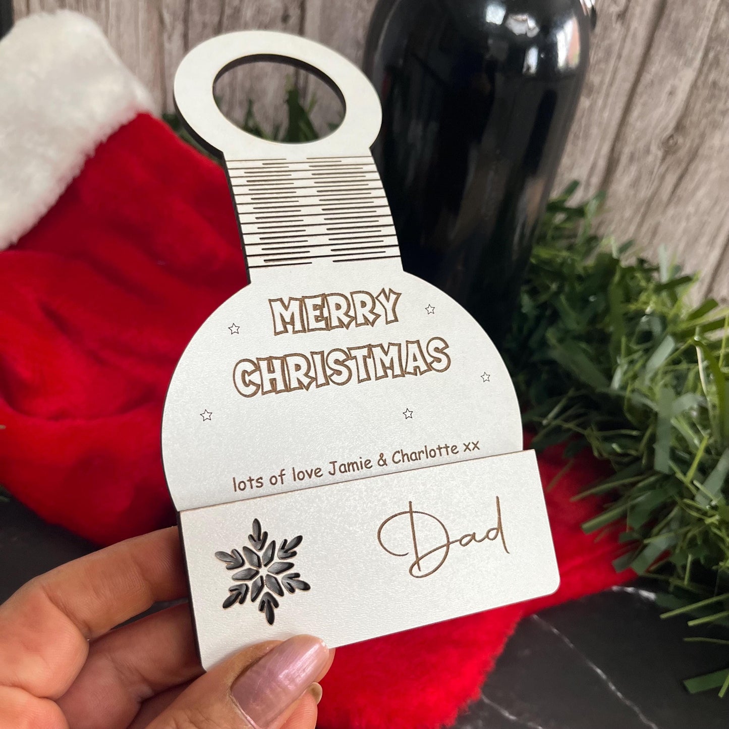 Personalised Christmas Wine Tag, Gift Card Holder: Wooden Wine Bottle Topper