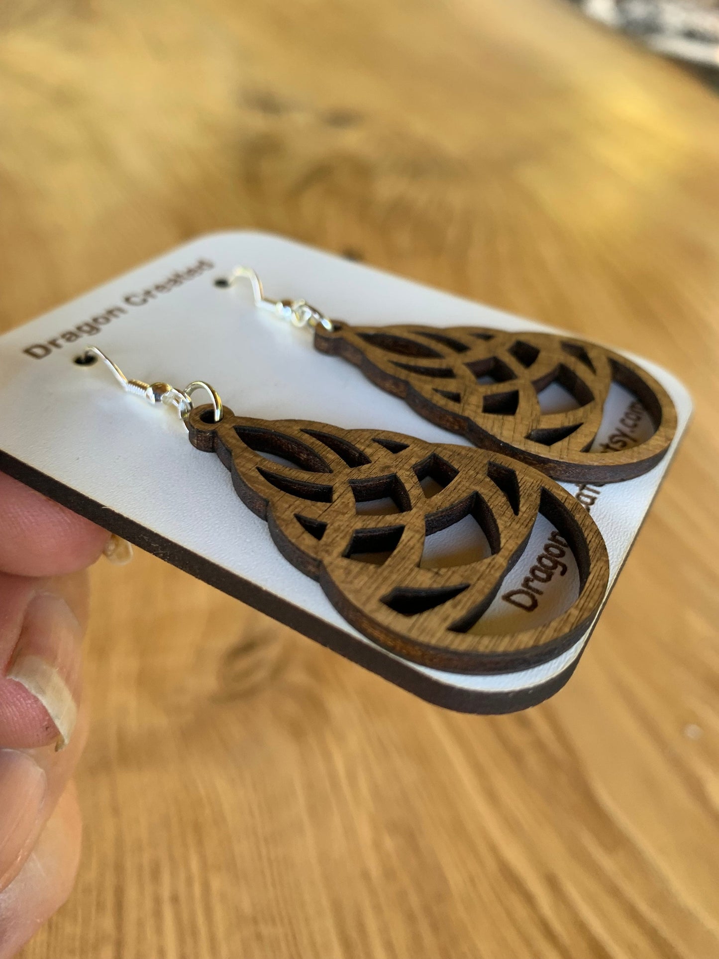 Wooden Swirly Teardrop Earrings - Lightweight hyper allergenic Earrings - handmade Drop Earring - Dangly Silver