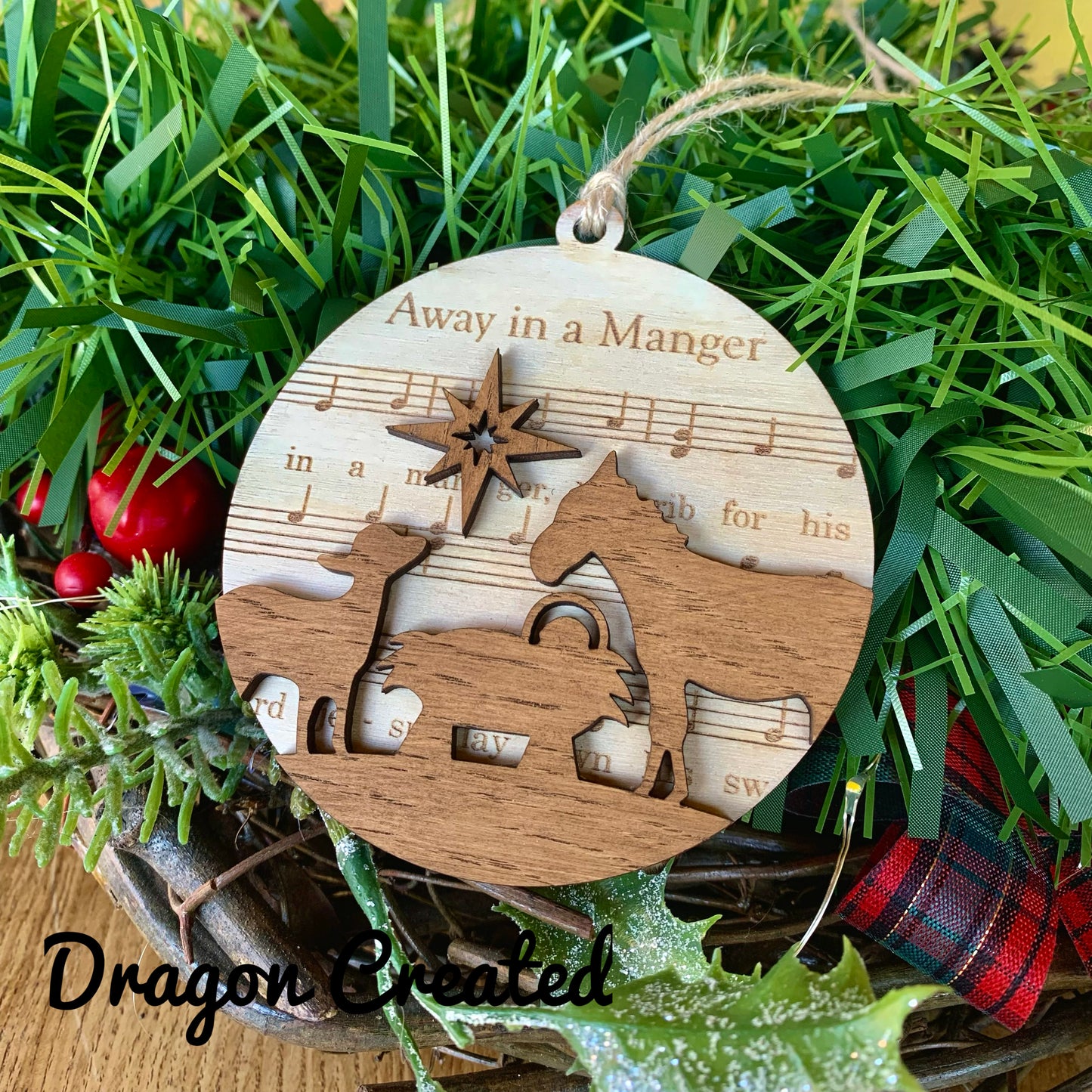 Away In A Manger  Wooden Bauble, Christmas Tree Ornament, Christmas Carol, Nativity scene