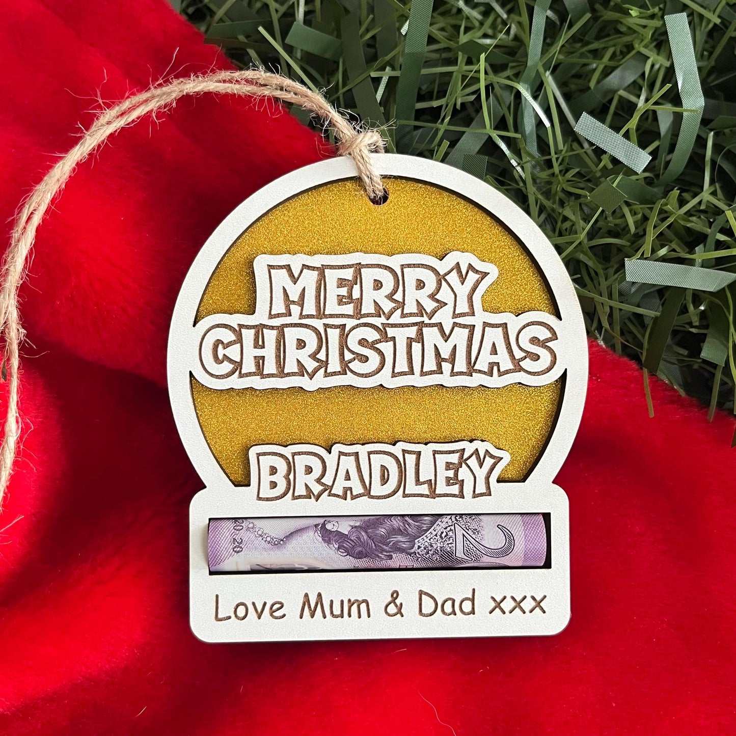Personalised Merry Christmas Sparkly money holder. Wooden Cash Envelope, Christmas Tree Decoration. Xmas Cash