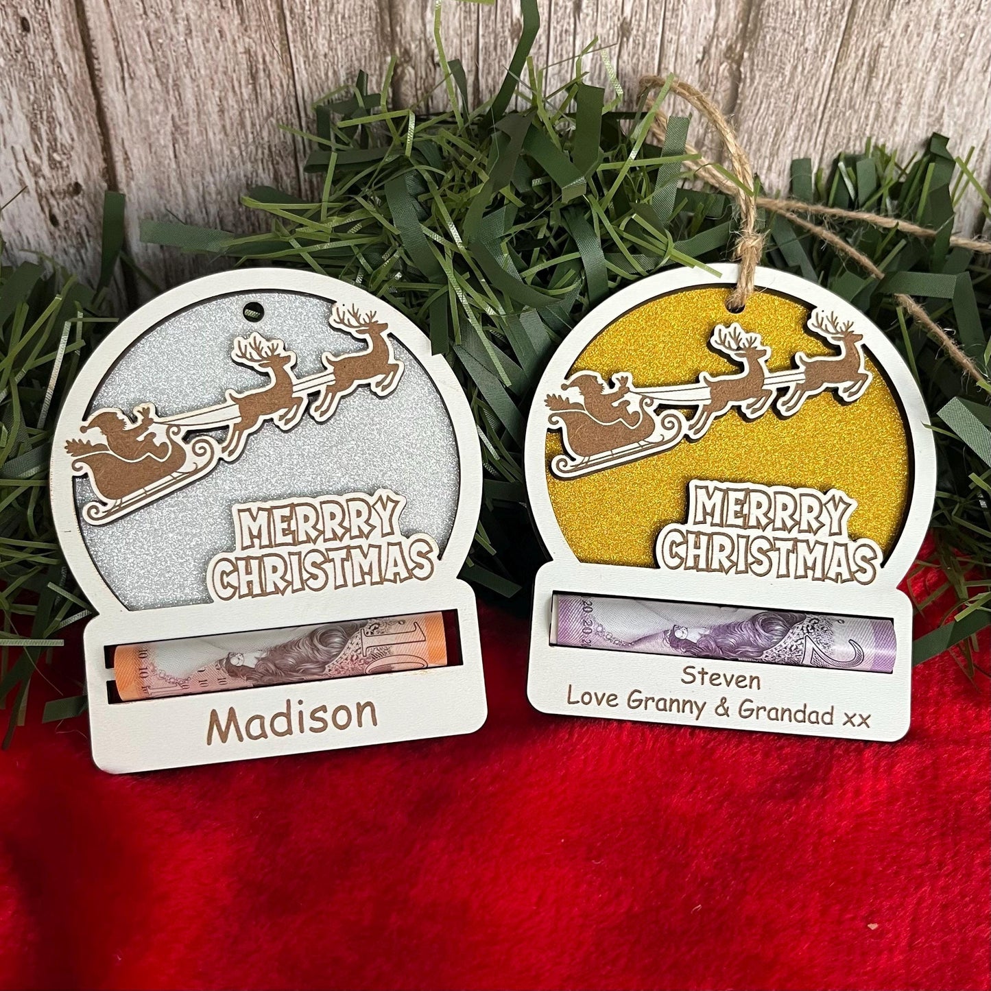 Personalised Reindeer Wooden Christmas Money Holder - Sparkly Xmas Ornament, Cash Envelope
