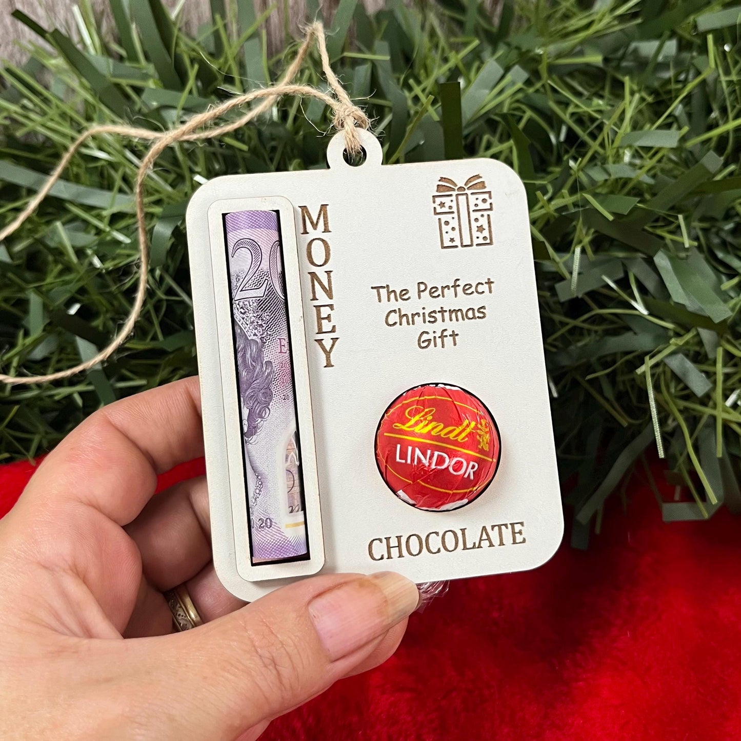Personalised Christmas Money & Chocolate Holder: Wooden Bauble Ornament, Lindor Cash Envelope