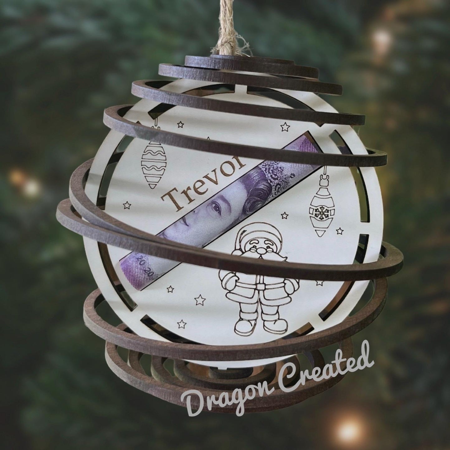 Personalised Father Christmas, Santa Money Holder - Tree Ornament, Wooden Swirl Bauble