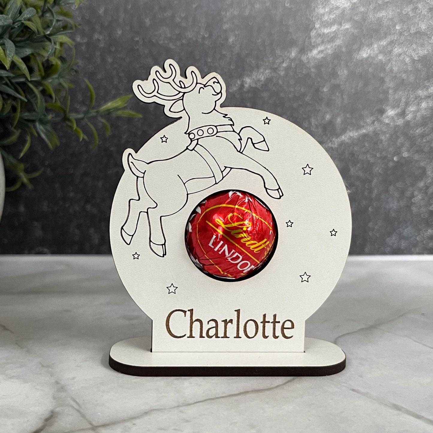 Christmas Table Family Place Settings, Personalised Chocolate Lindor Holder, Place Card: Wooden Table Decoration