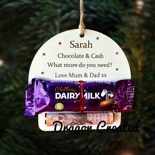 Personalised Christmas Chocolate & Money Holder: Wooden Tree Ornament Decoration