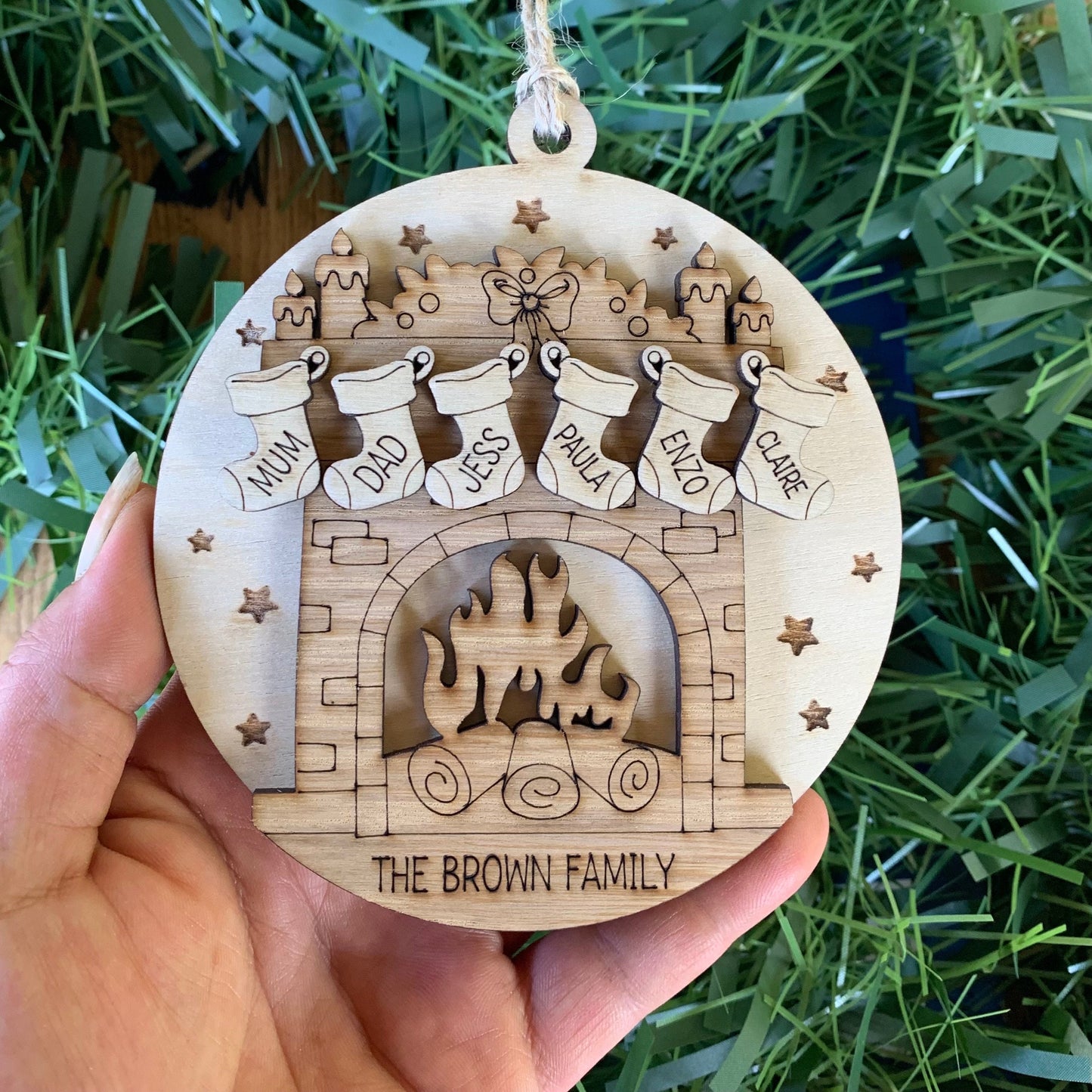 Personalised Family Stocking Ornament: Engraved Birch & Oak Bauble, Family Tree, Grandparent Christmas