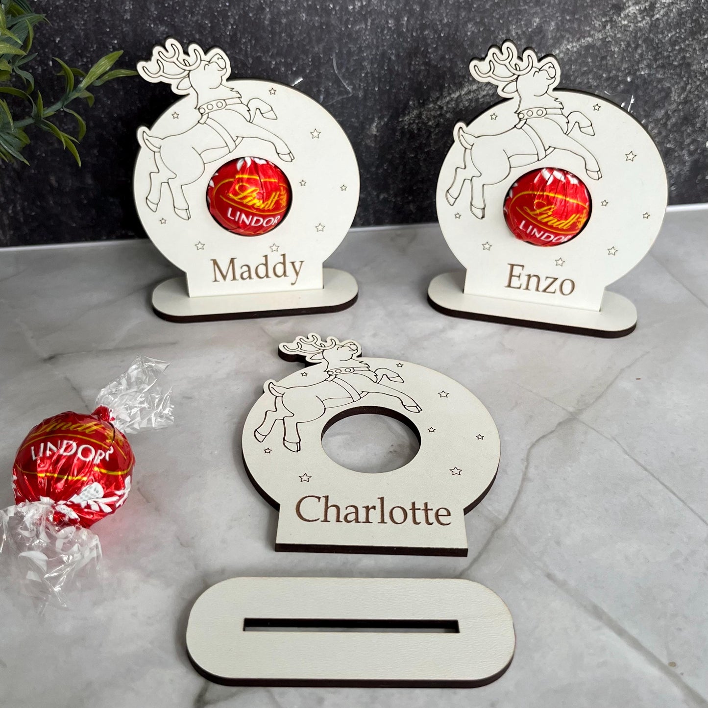 Christmas Table Family Place Settings, Personalised Chocolate Lindor Holder, Place Card: Wooden Table Decoration