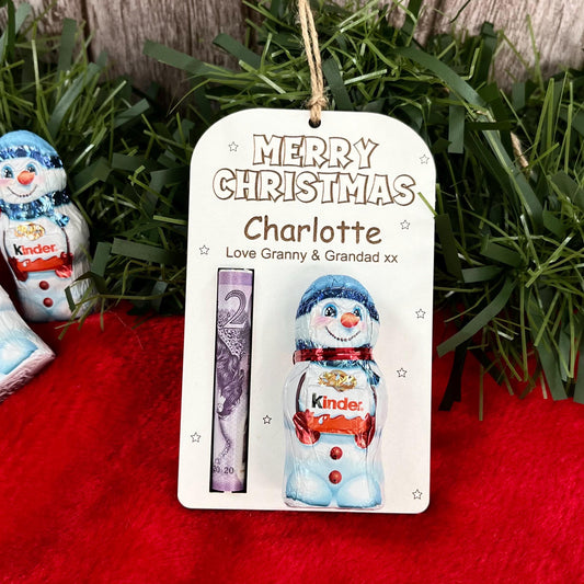 Personalised Christmas Money And Chocolate Holder: Kinder Chocolate Snowman Tree Ornament, Cash Envelope