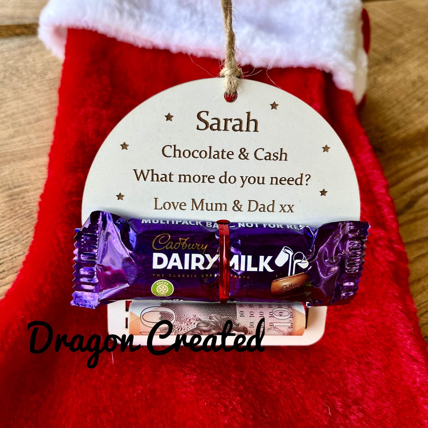 Personalised Christmas Chocolate & Money Holder: Wooden Tree Ornament Decoration