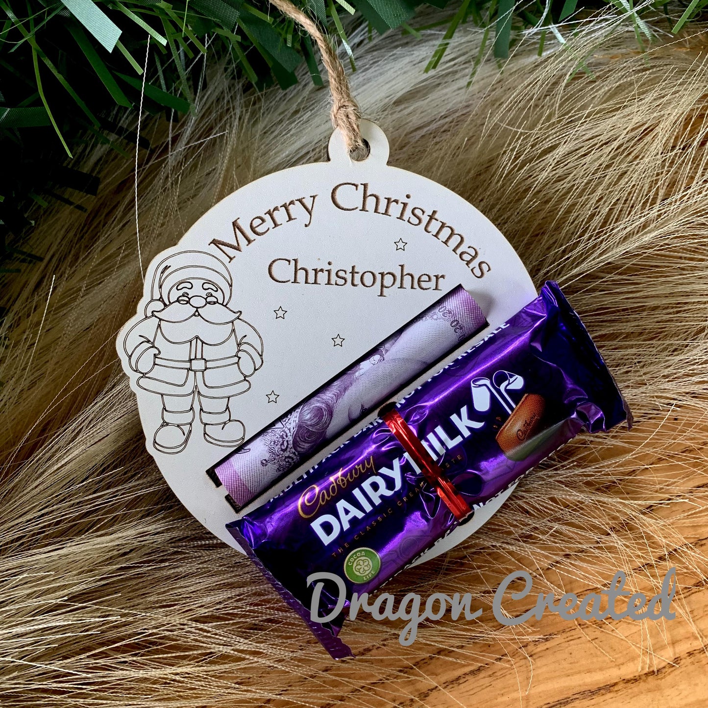 Personalised Christmas Money & Chocolate Holder: Laser Engraved Wooden Bauble