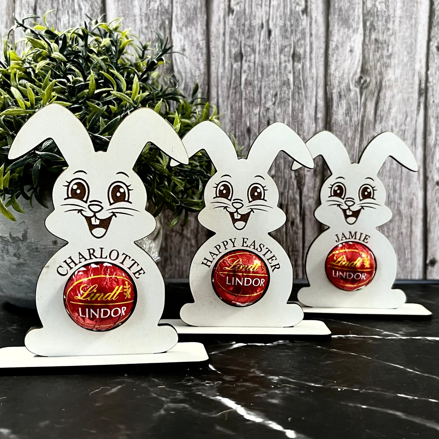 Personalised Easter Bunny Chocolate Holder: Wooden Easter Table Decoration, Lindor, Lindt Chocolate, Place Setting