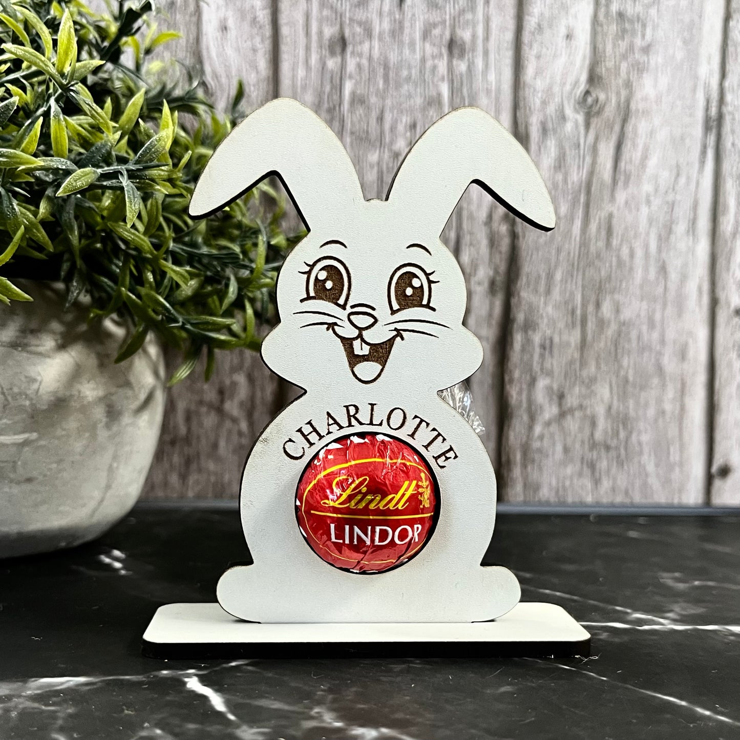 Personalised Easter Bunny Chocolate Holder: Wooden Easter Table Decoration, Lindor, Lindt Chocolate, Place Setting