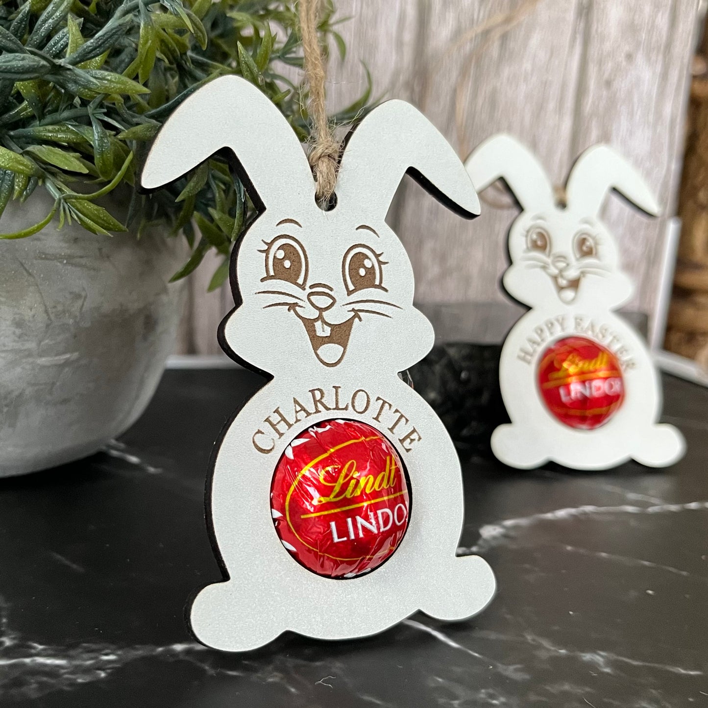 Easter Bunny Personalised Chocolate Holder: Wooden Easter Basket Decoration, Lindor, Lindt Chocolate, Egg Hunt