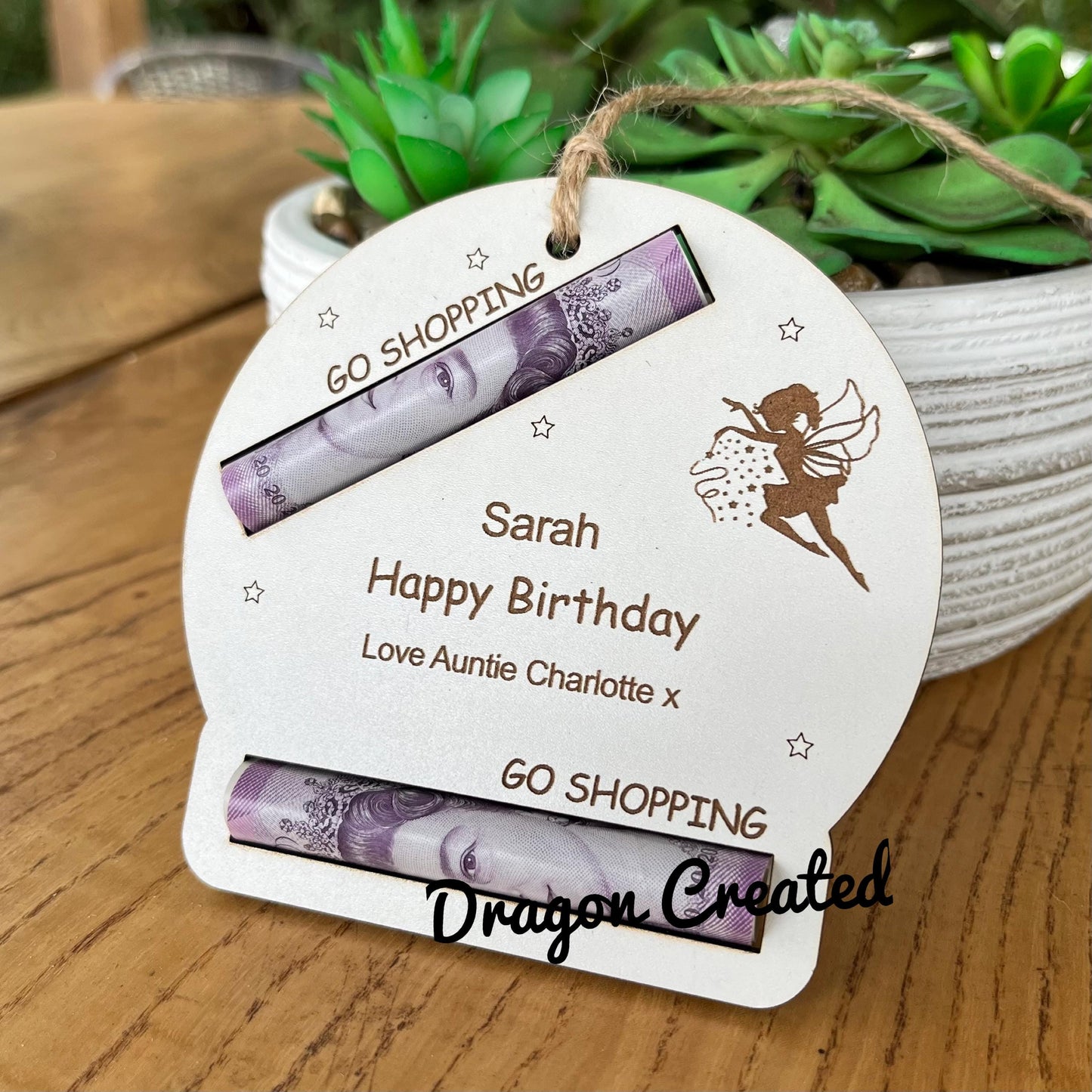 Personalised Birthday Money Holder: Engraved Wooden Gift Envelope, Fairy Magic Design