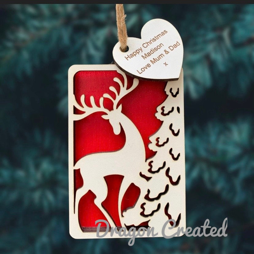 Personalised Reindeer Gift Card Holder Ornament: Laser Engraved Christmas Tree Decoration
