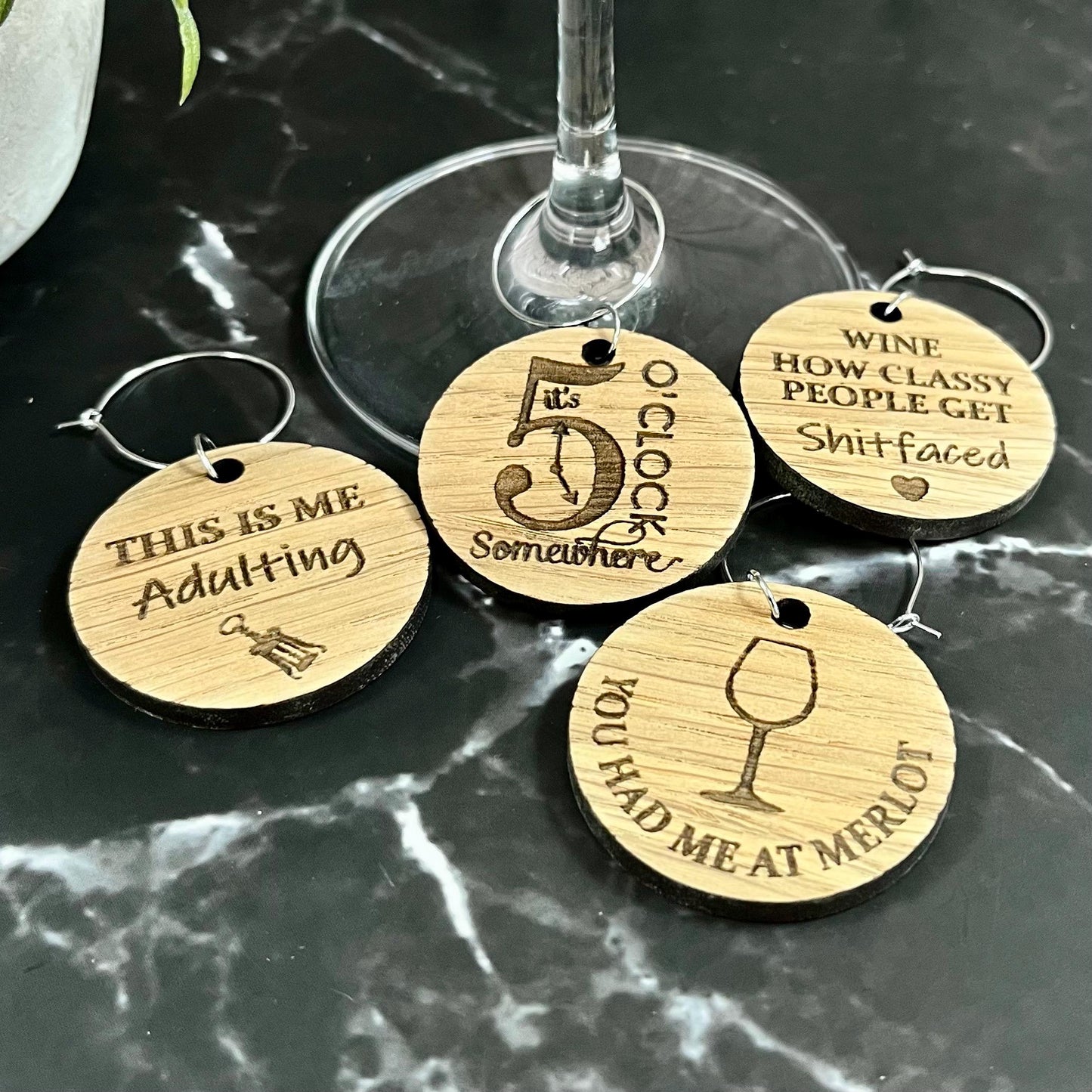 Funny Novelty Oak Wine Glass Charms: Personalised Girls Night Gift Set, Party Glass Tags