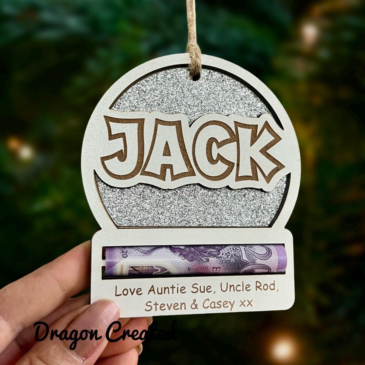 Personalised Christmas Money Holder: Sparkly Wooden Tree Decoration, Cash Envelope