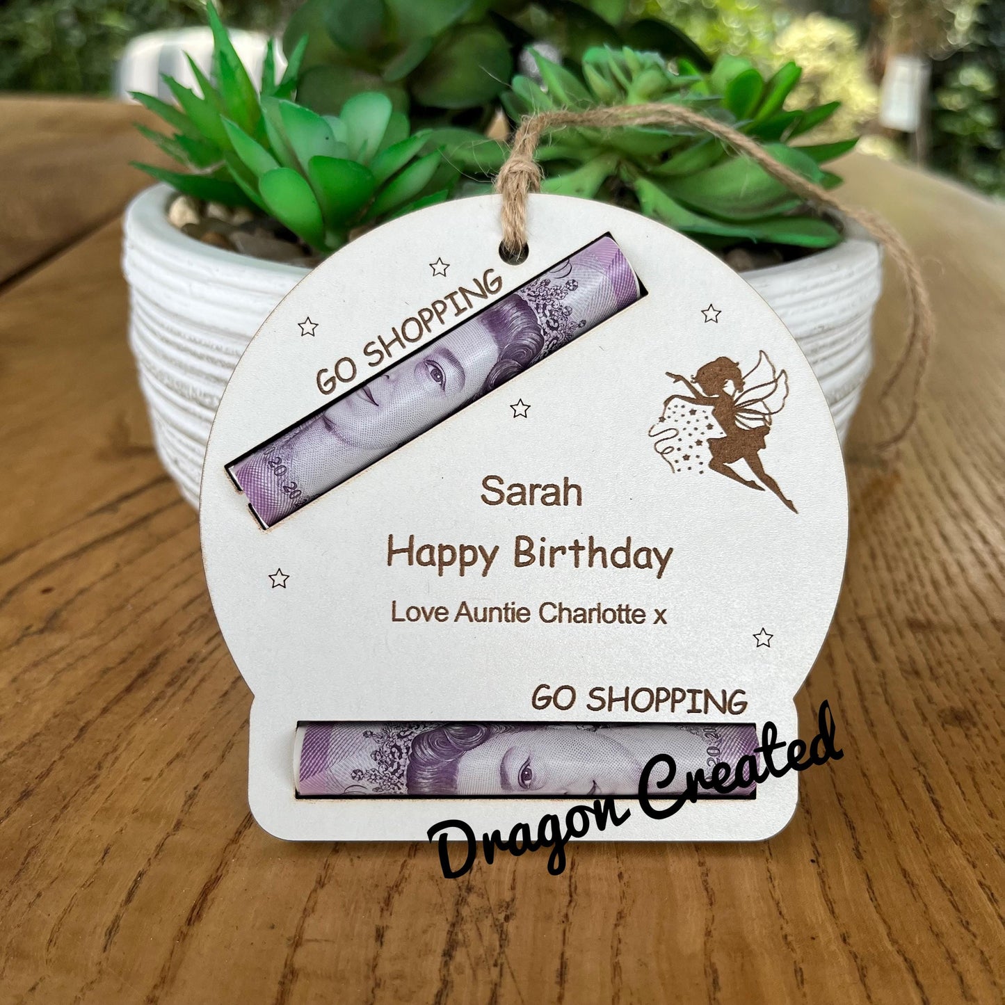 Personalised Birthday Money Holder: Engraved Wooden Gift Envelope, Fairy Magic Design