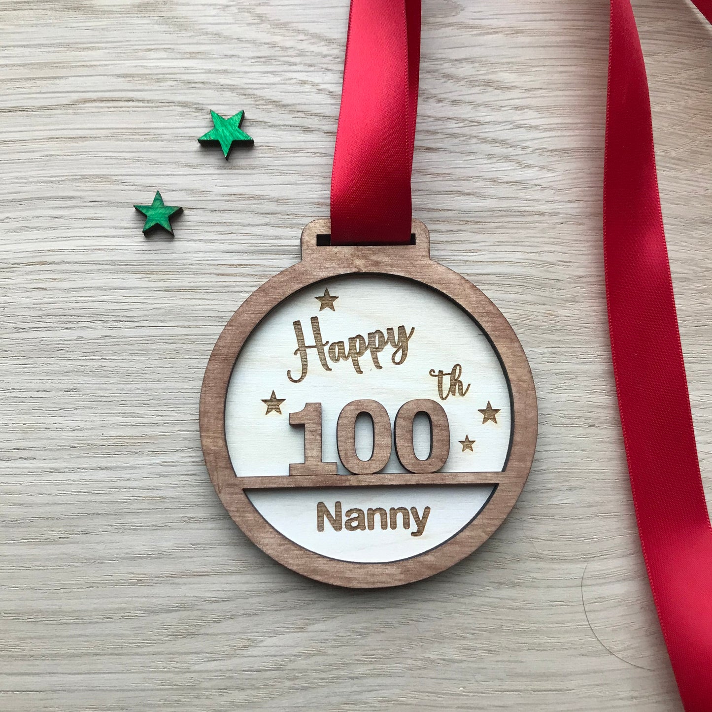 Personalised 100th Birthday Award Medal: Laser Engraved Wood