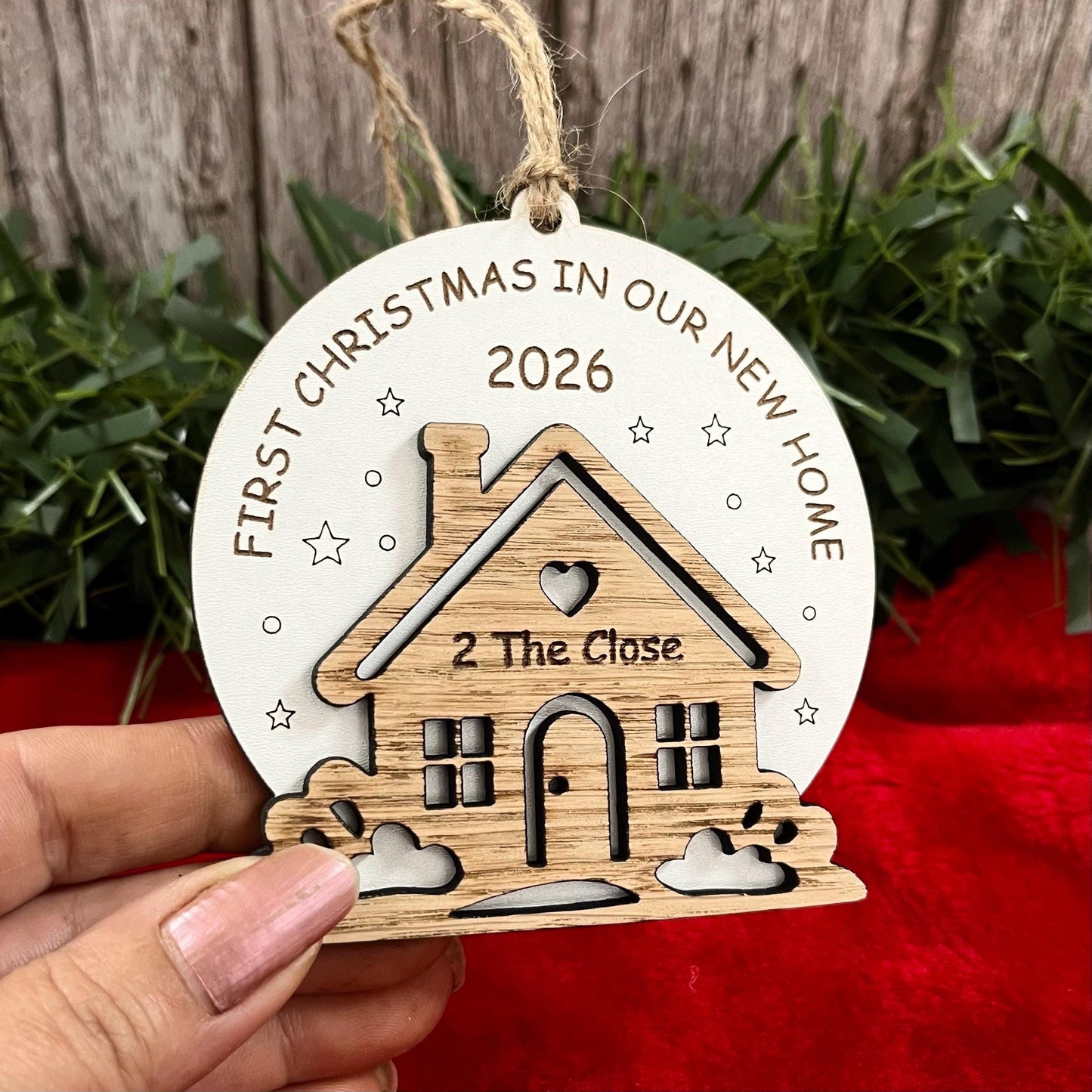 First Christmas In New Home, Christmas Ornament, Personalised Wooden Tree Decoration