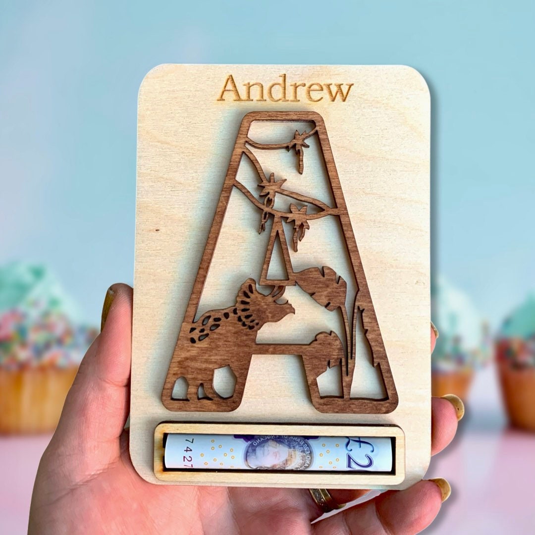 Personalised Dinosaur Money Holder: Wooden Birthday Gift Envelope, Cash Envelope