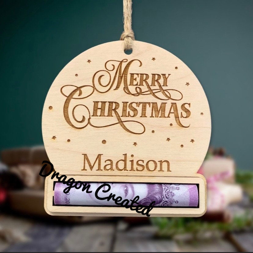 Personalised Wooden Christmas Money Holder Ornament: Engraved Gift Wallet