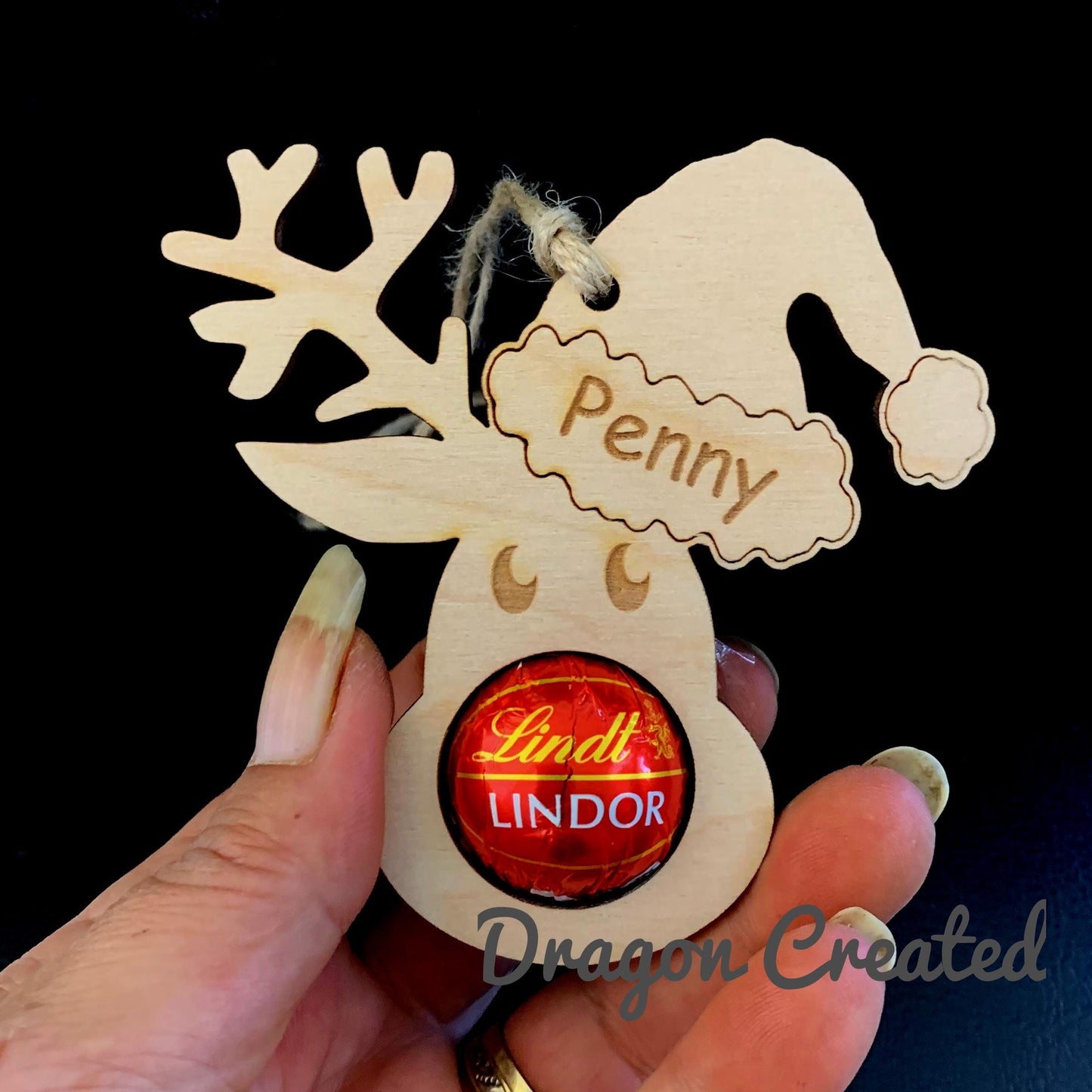 Personalised Reindeer Ornament: Birch Wood, Lindor Chocolate Holder, Christmas Tree Ornament