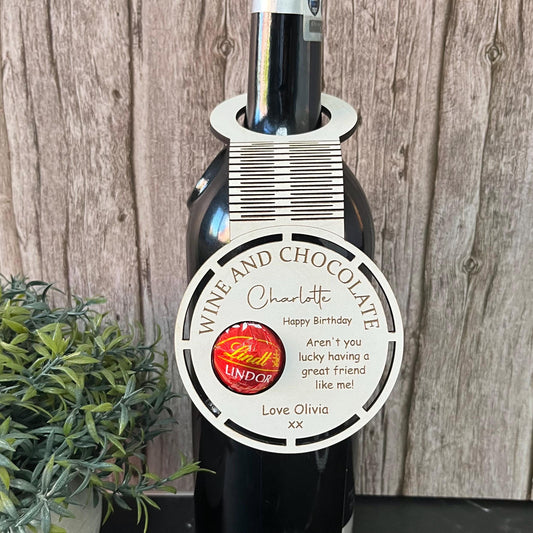 Personalised Birthday Wine Bottle Tag: Lindor Chocolate Holder, Engraved Wood Bottle Topper