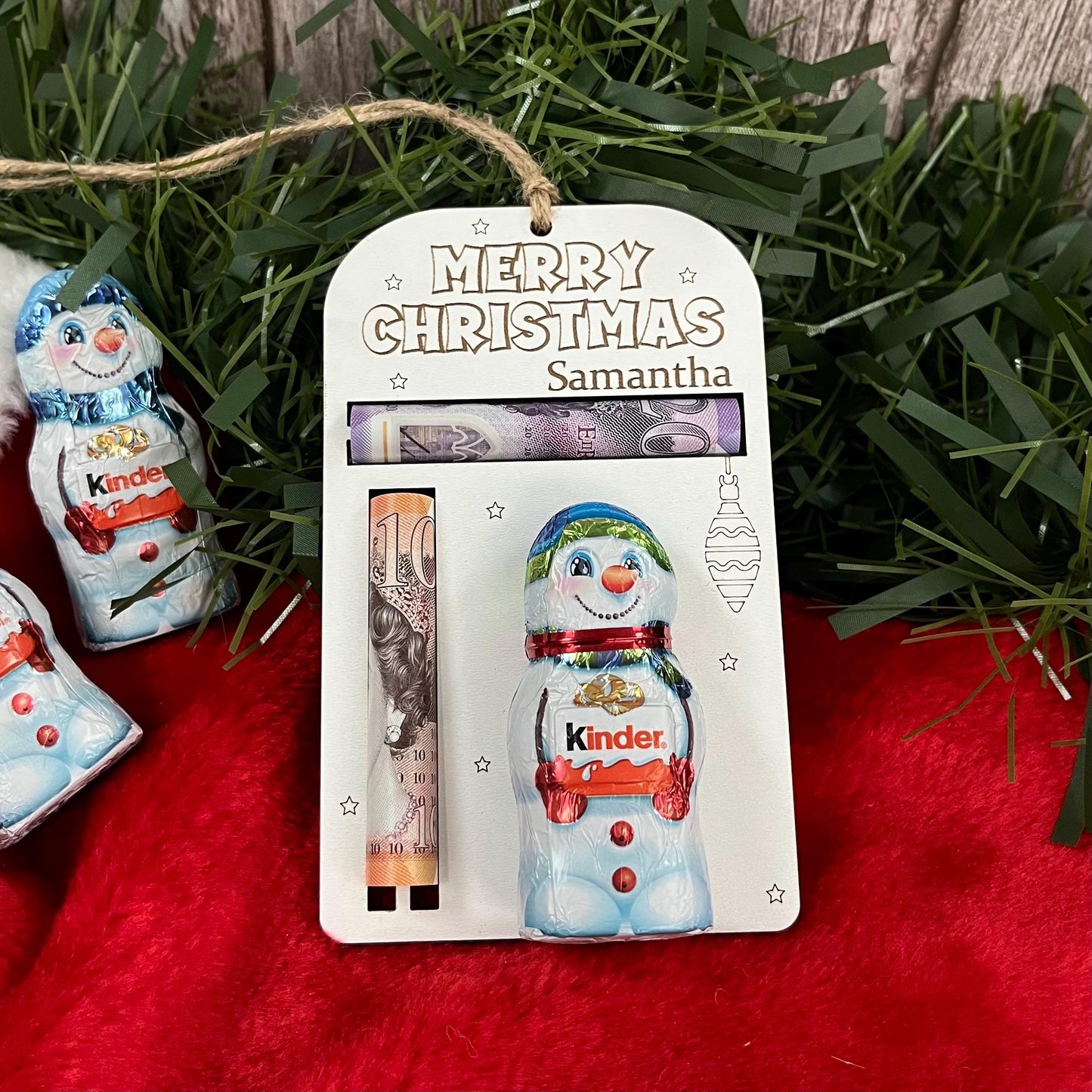 Personalised Christmas Ornament: Money And Kinder Chocolate Snowman Holder, Cash Envelope