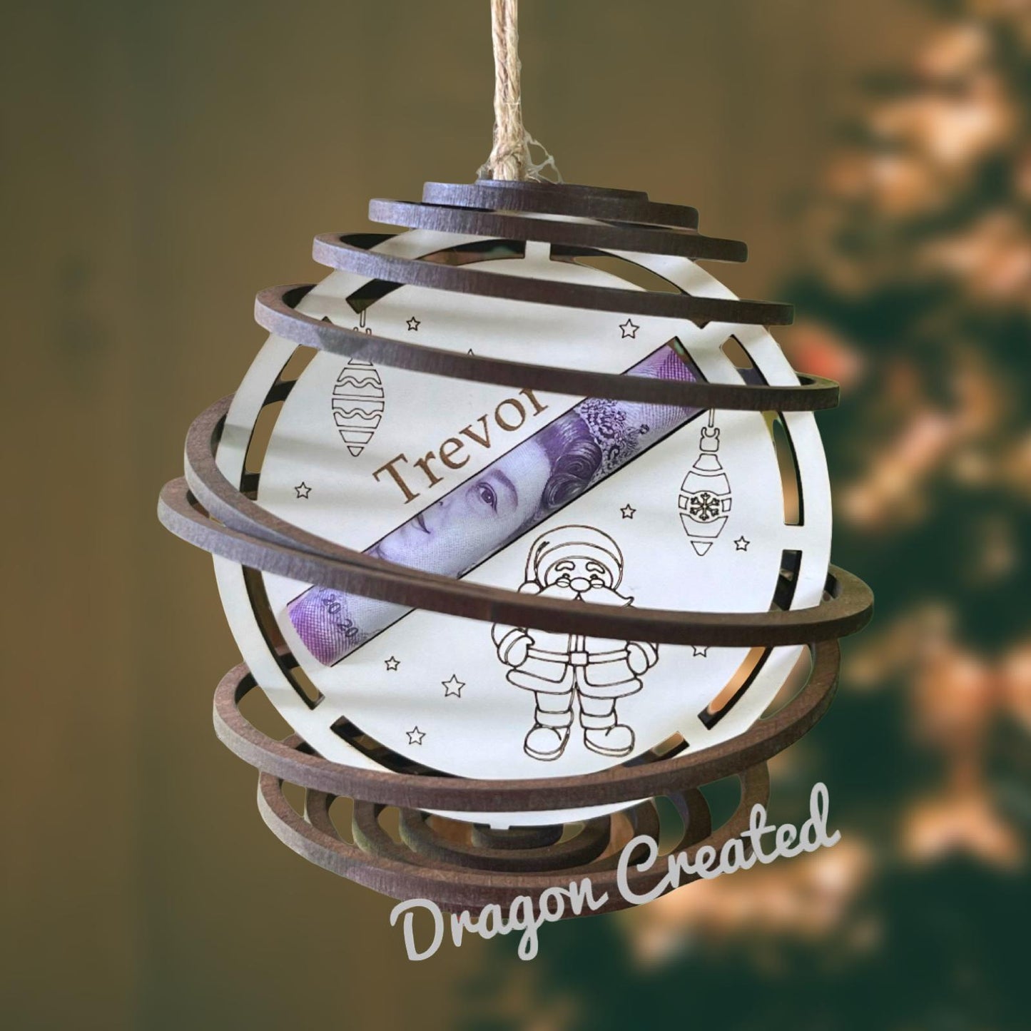 Personalised Father Christmas, Santa Money Holder - Tree Ornament, Wooden Swirl Bauble