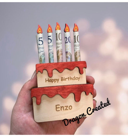 Personalised Birthday Money Holder: Wooden Cake Cash Gift, Envelope