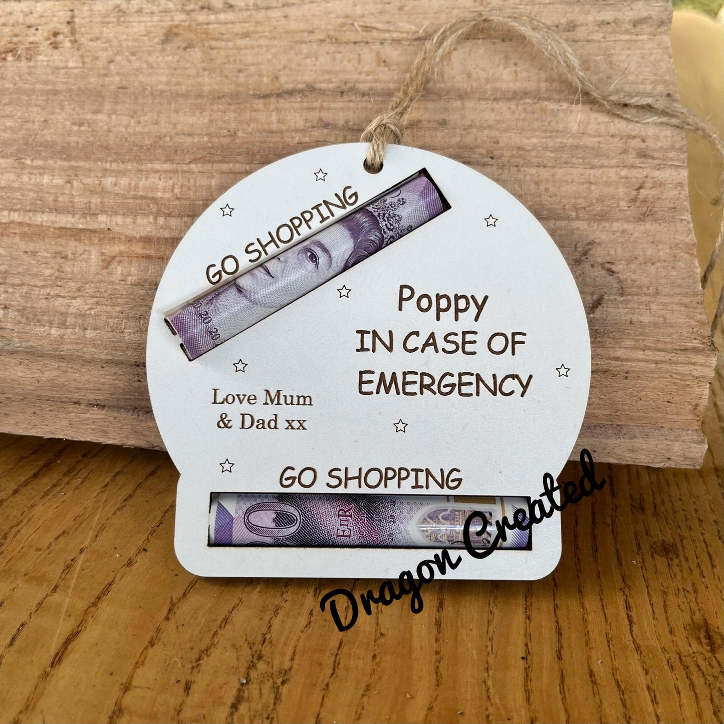 Personalised Birthday Money Holder: Engraved Wooden Gift Envelope, In Case Of Emergency