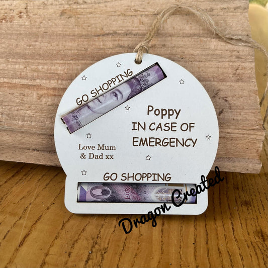 Personalised Birthday Money Holder: Engraved Wooden Gift Envelope, In Case Of Emergency