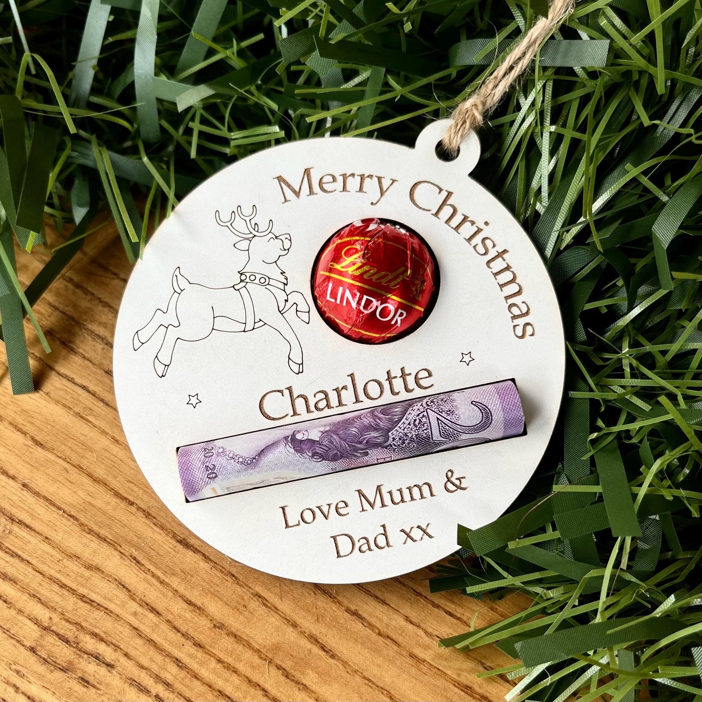Personalised Reindeer Chocolate & Money Holder: Christmas Tree Decoration, Cash Envelope