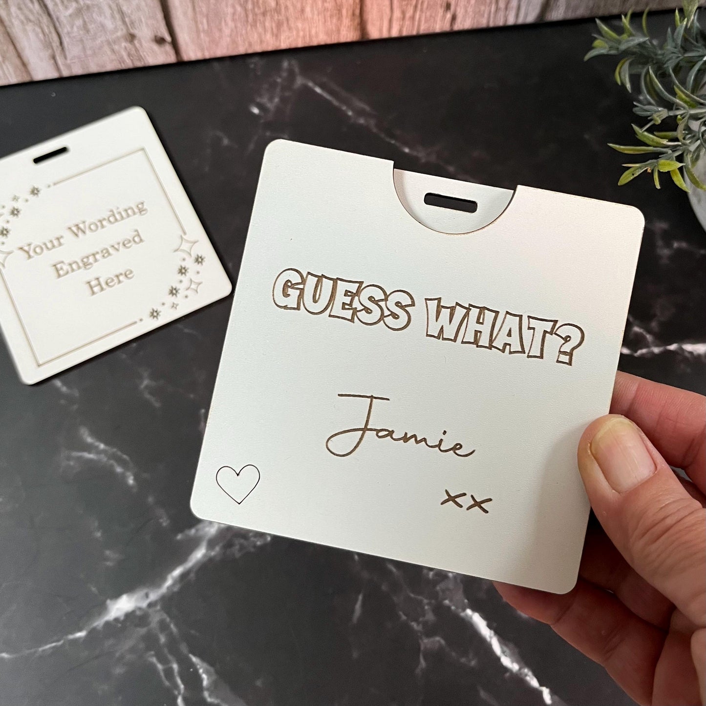 Secret Surprise Reveal, Guess What? Wooden Card, Personalised Love Letter.