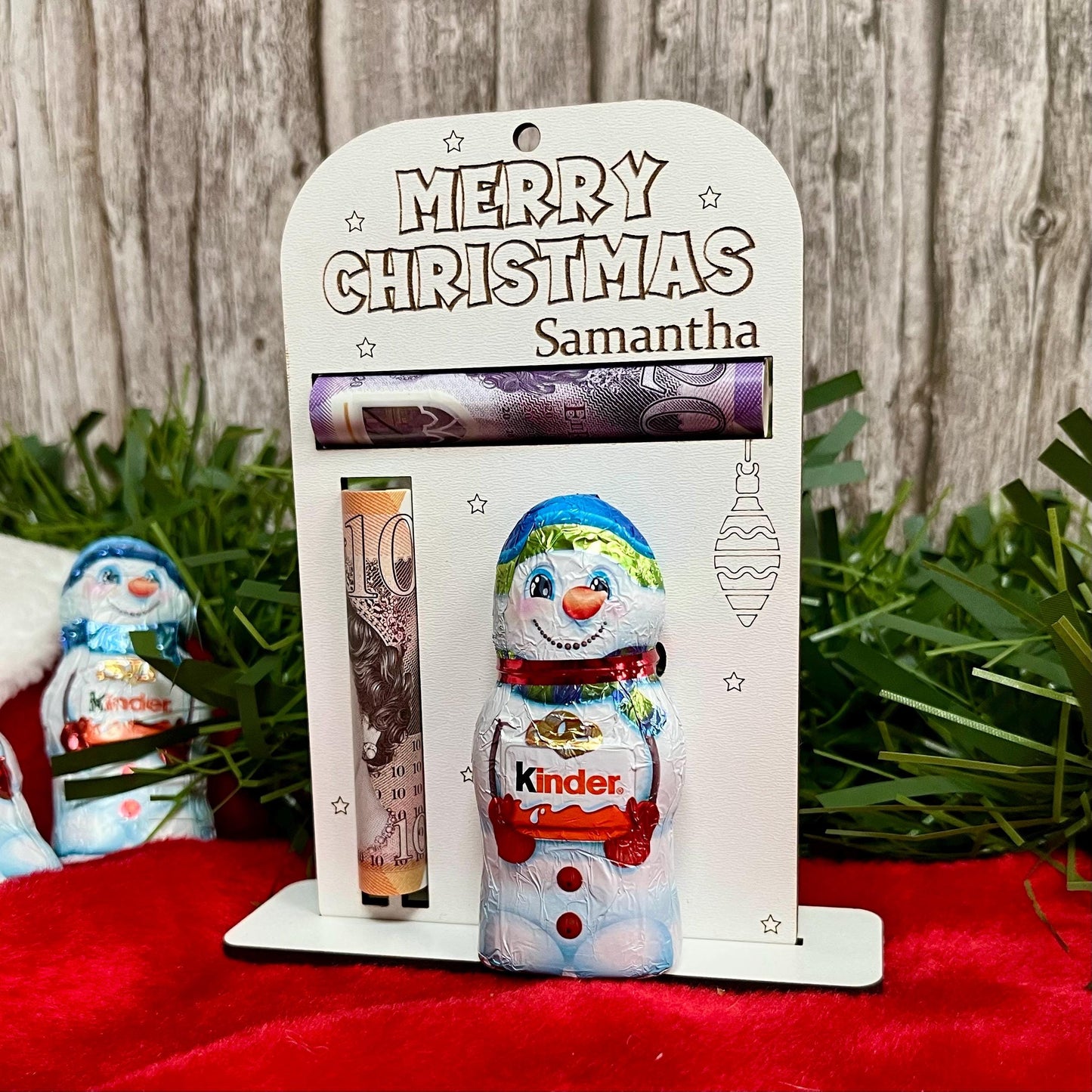 Personalised Christmas Ornament: Money And Kinder Chocolate Snowman Holder, Cash Envelope