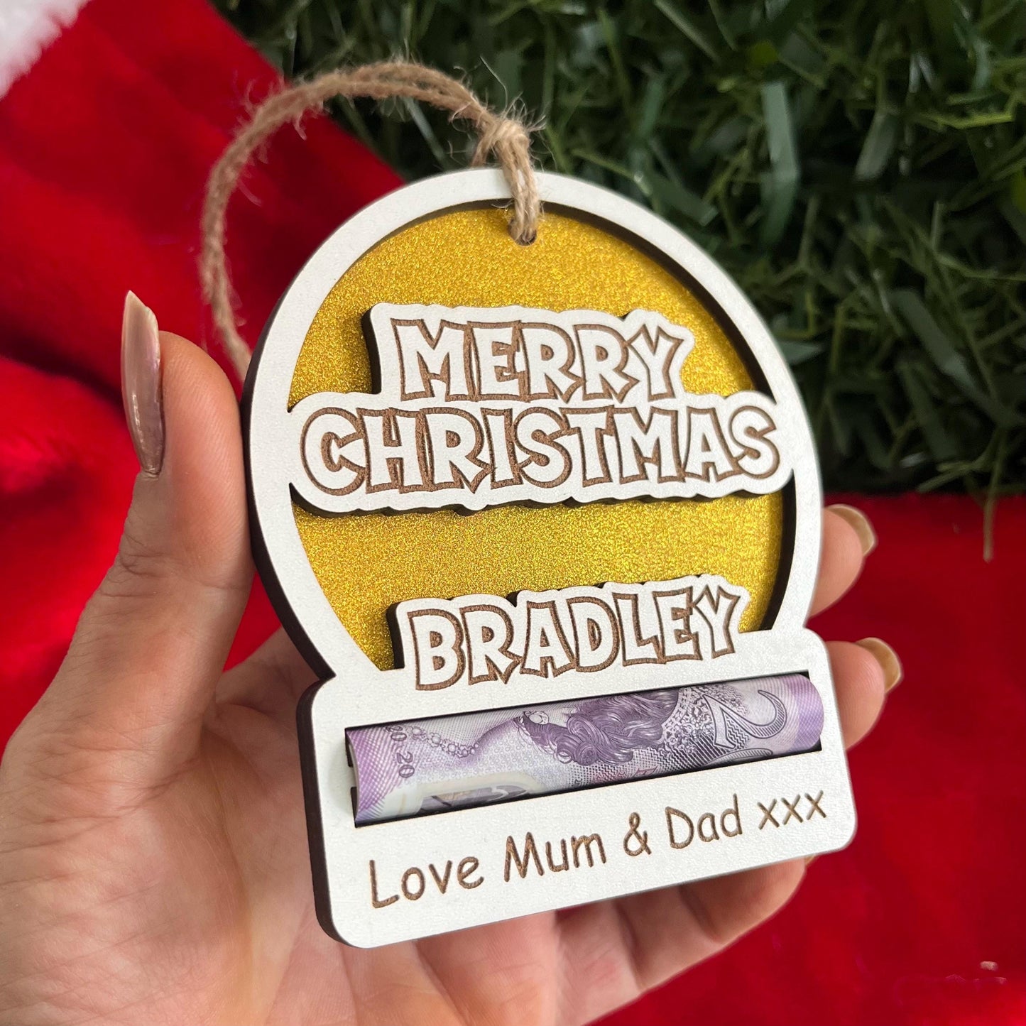 Personalised Merry Christmas Sparkly money holder. Wooden Cash Envelope, Christmas Tree Decoration. Xmas Cash