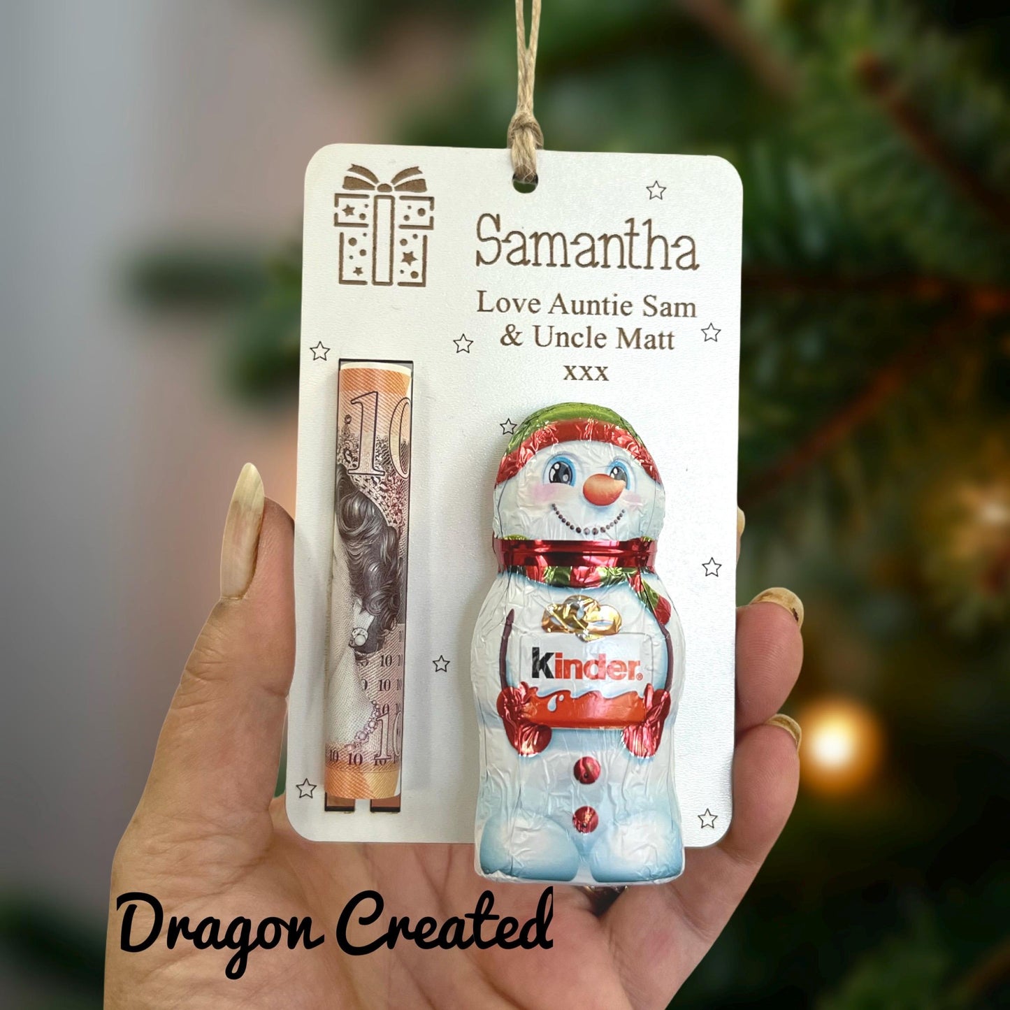 Personalised  Christmas Money & Chocolate Holder - Tree Ornament, Cash Envelope, Lindor Bear, Kinder Snowman