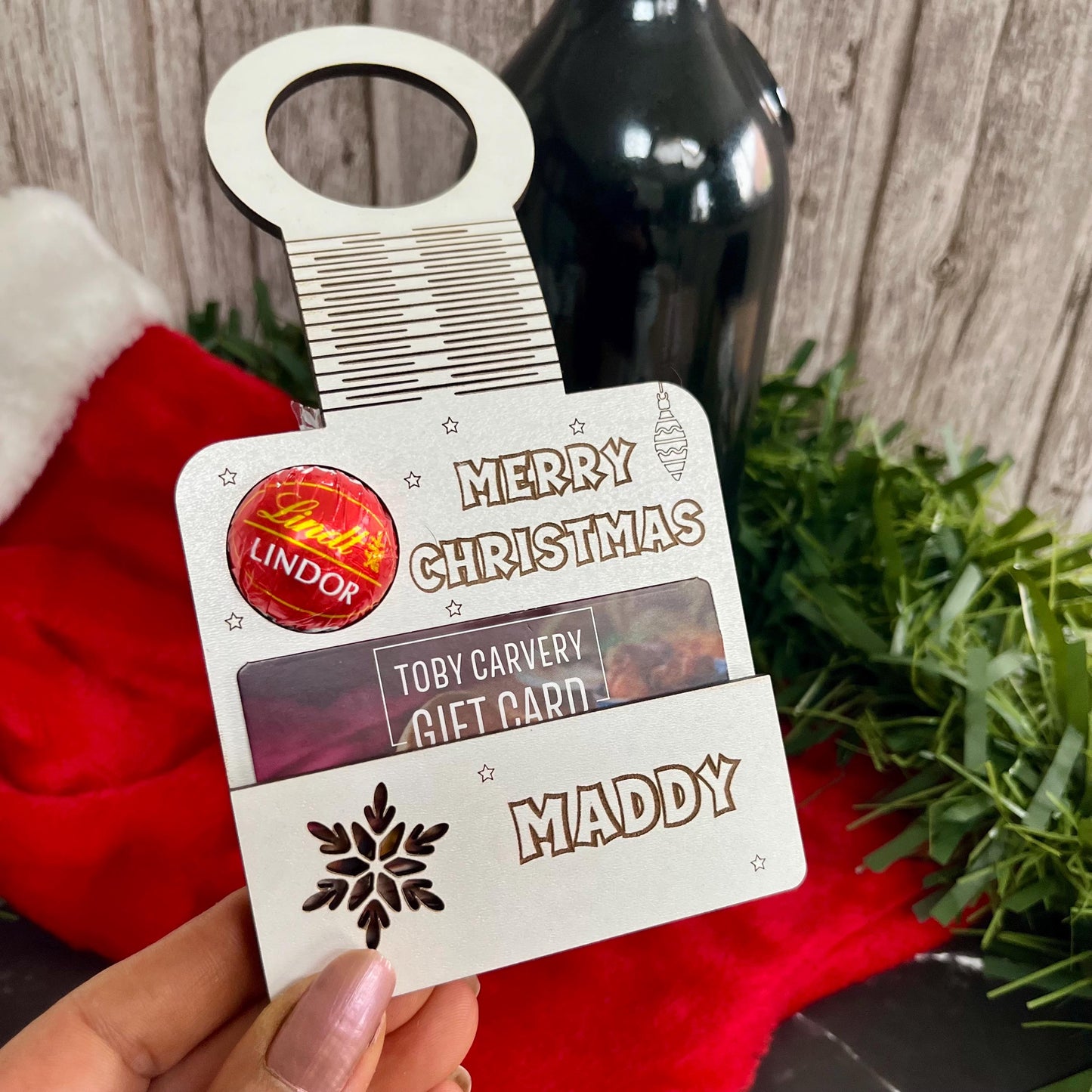 Personalised Christmas Wine Tag: Gift Card Holder, With Lindor Chocolate Holder