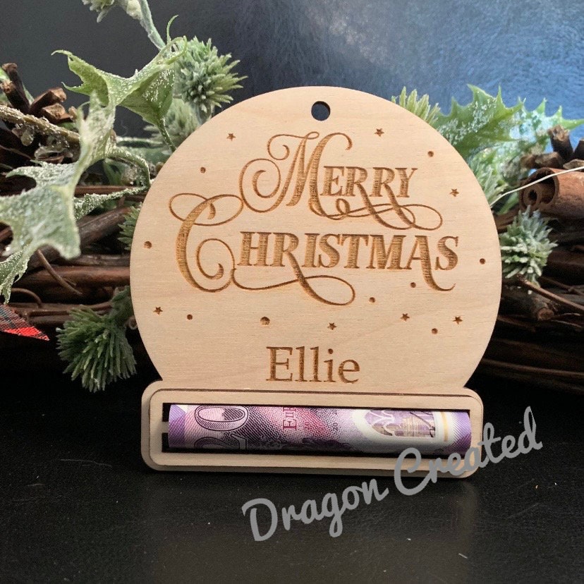 Personalised Wooden Christmas Money Holder Ornament: Engraved Gift Wallet