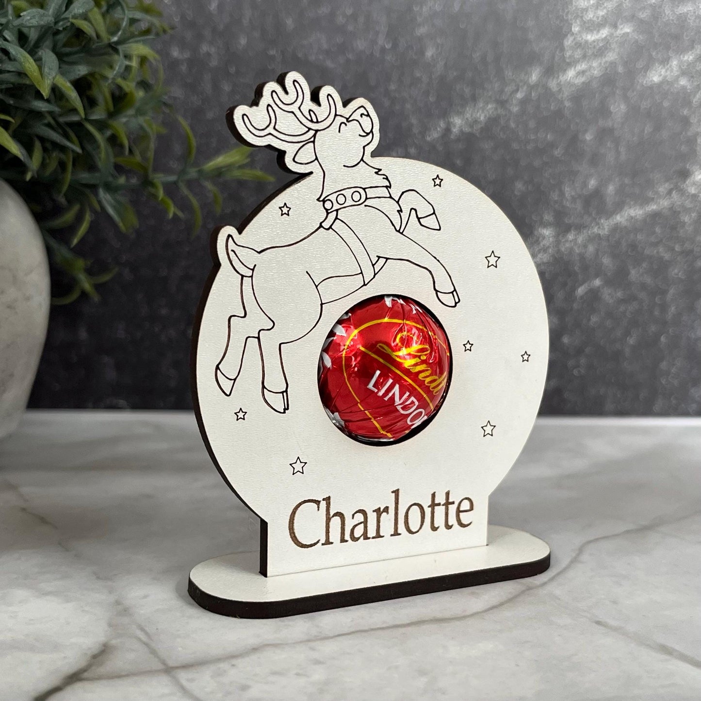 Christmas Table Family Place Settings, Personalised Chocolate Lindor Holder, Place Card: Wooden Table Decoration