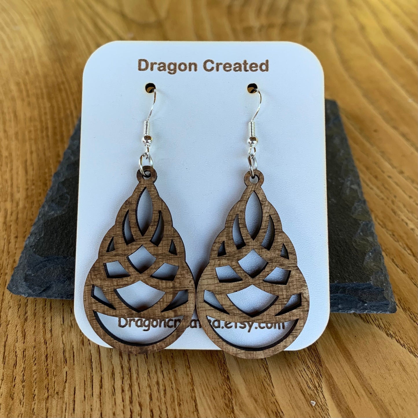 Wooden Swirly Teardrop Earrings - Lightweight hyper allergenic Earrings - handmade Drop Earring - Dangly Silver