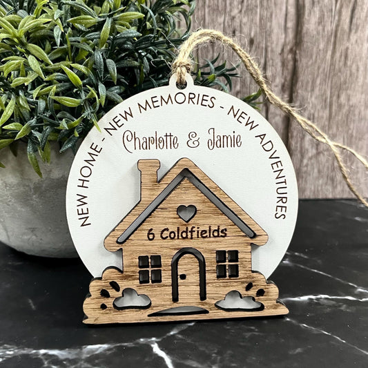Personalised New Home Ornament: Laser Engraved Oak Wood, First Home Gift