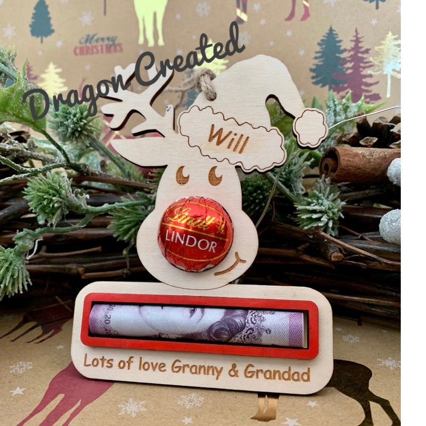 Personalised Christmas Money Holder Ornament: Reindeer Chocolate Bauble