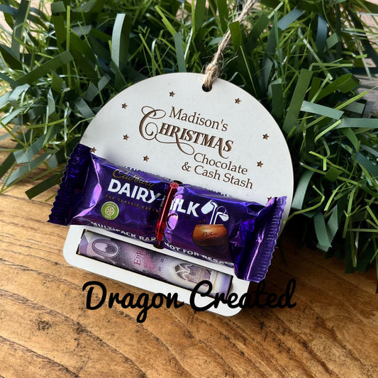 Personalised Christmas Money & Chocolate Holder: Wooden Tree Ornament, Cash Envelope